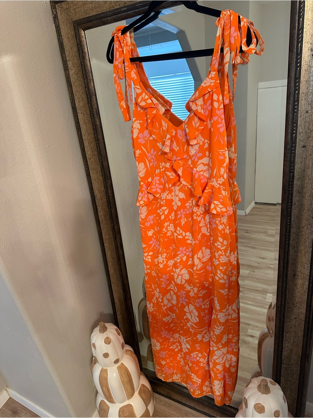 Sage Orange and White Floral Tie-Shoulder Maxi Dress